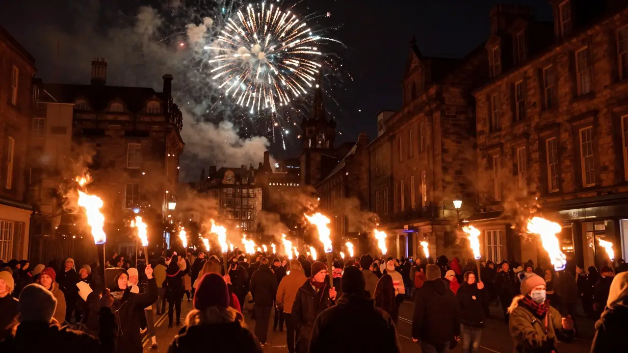 Thousands marching with torches during Edinburgh's Hogmanay festival at night