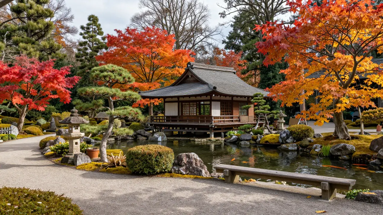 Tranquil Japanese garden in Pollok Country Park with koi pond and autumn maples