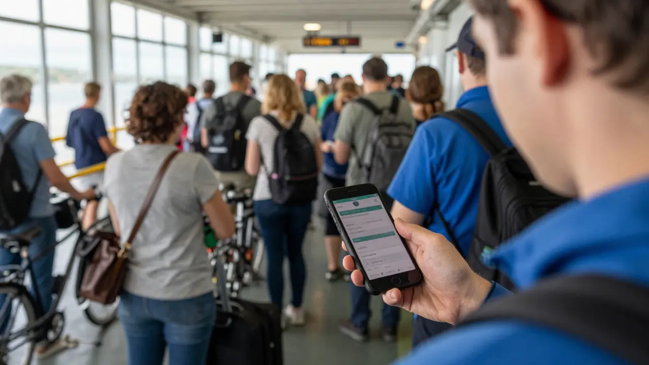 Traveler checking phone in busy ferry terminal queue