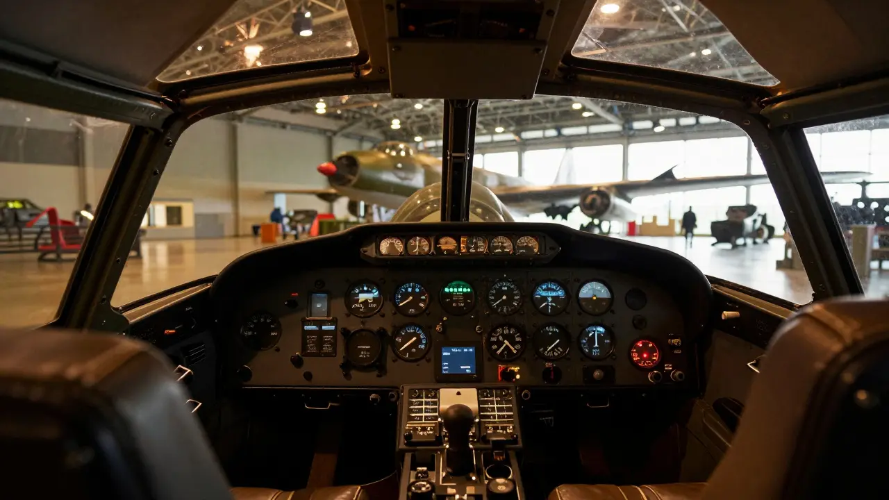 View from inside Avro Vulcan cockpit showing instruments and hangar