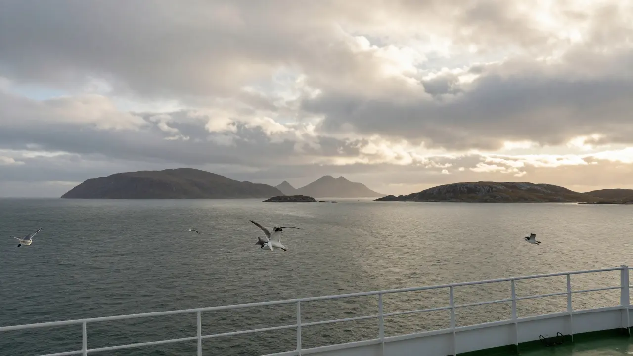View of distant Hebridean islands from ferry deck