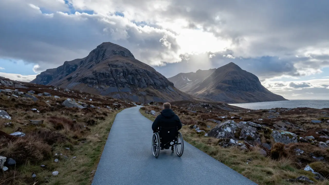 Wheelchair user on boardwalk viewing Skye's Cuillin mountains