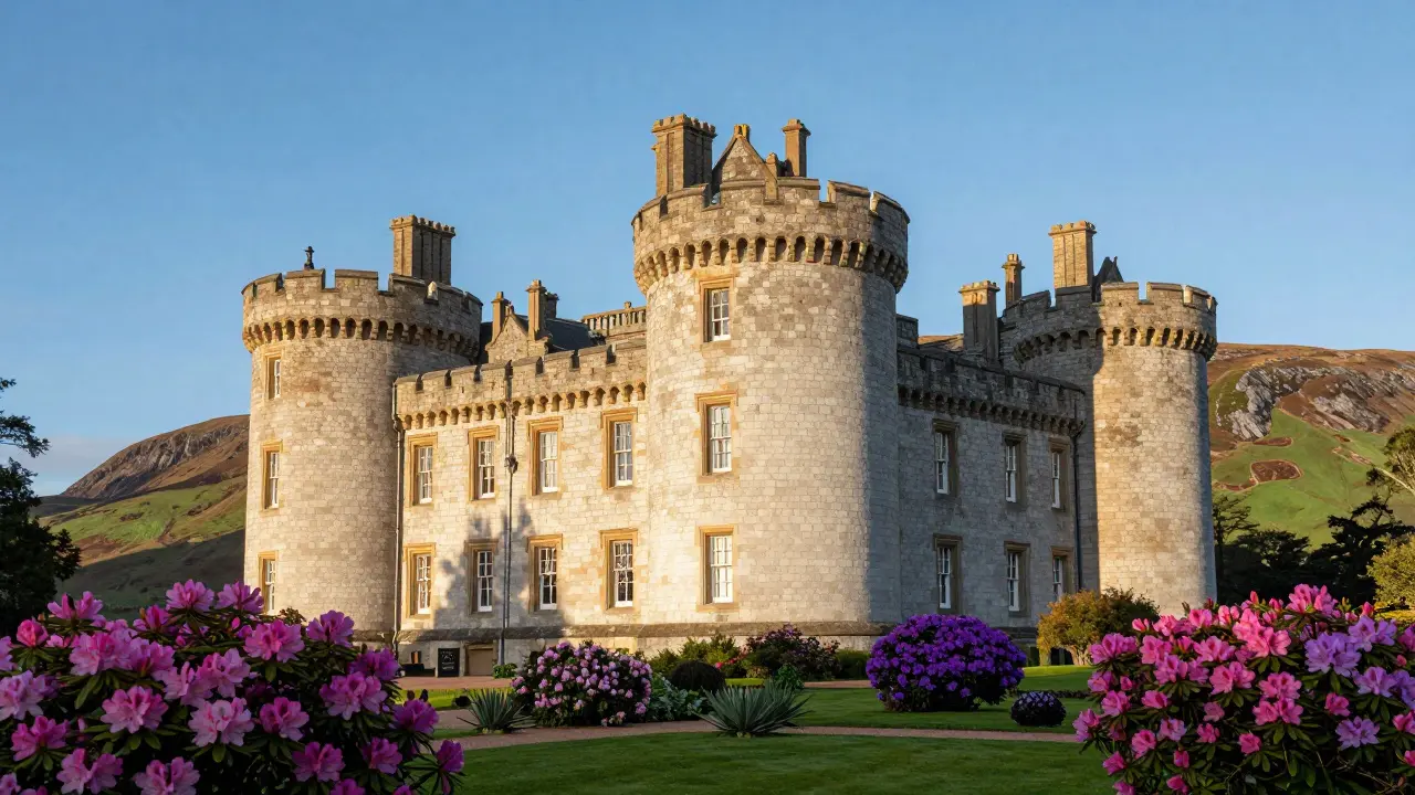 White limestone Dunrobin Castle with turrets and colorful gardens at sunset