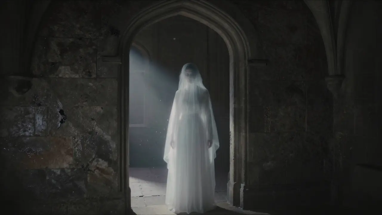 A ghostly white lady figure standing in the dark stone corridor of Blair Castle