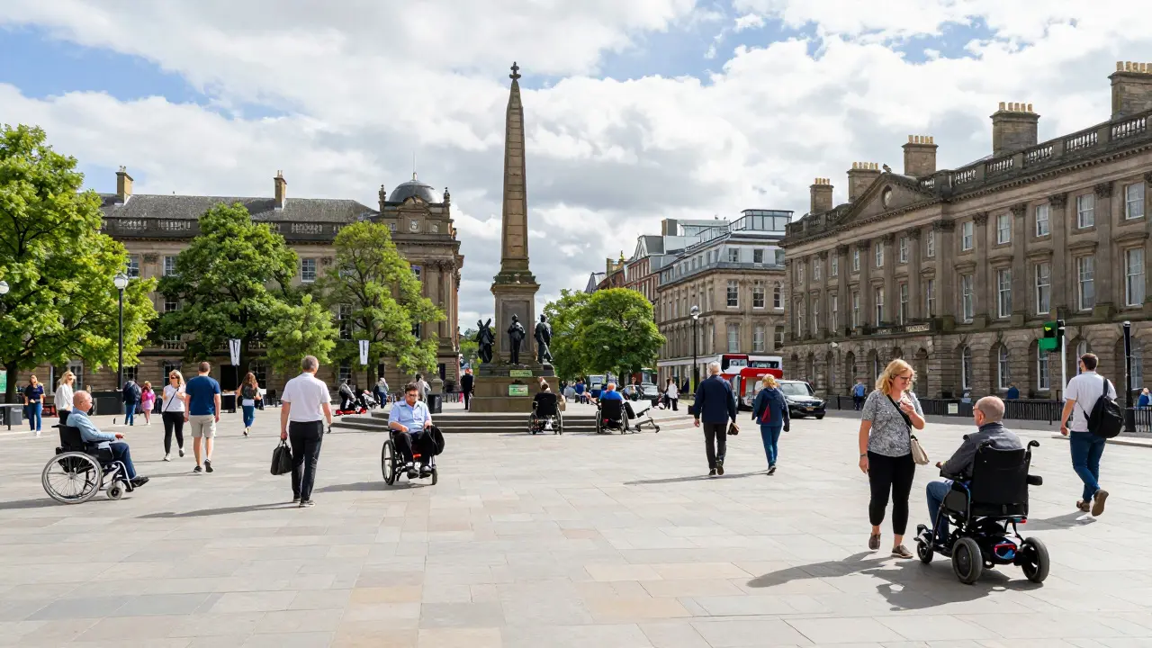 Accessible George Square with wheelchair users on flat paved ground
