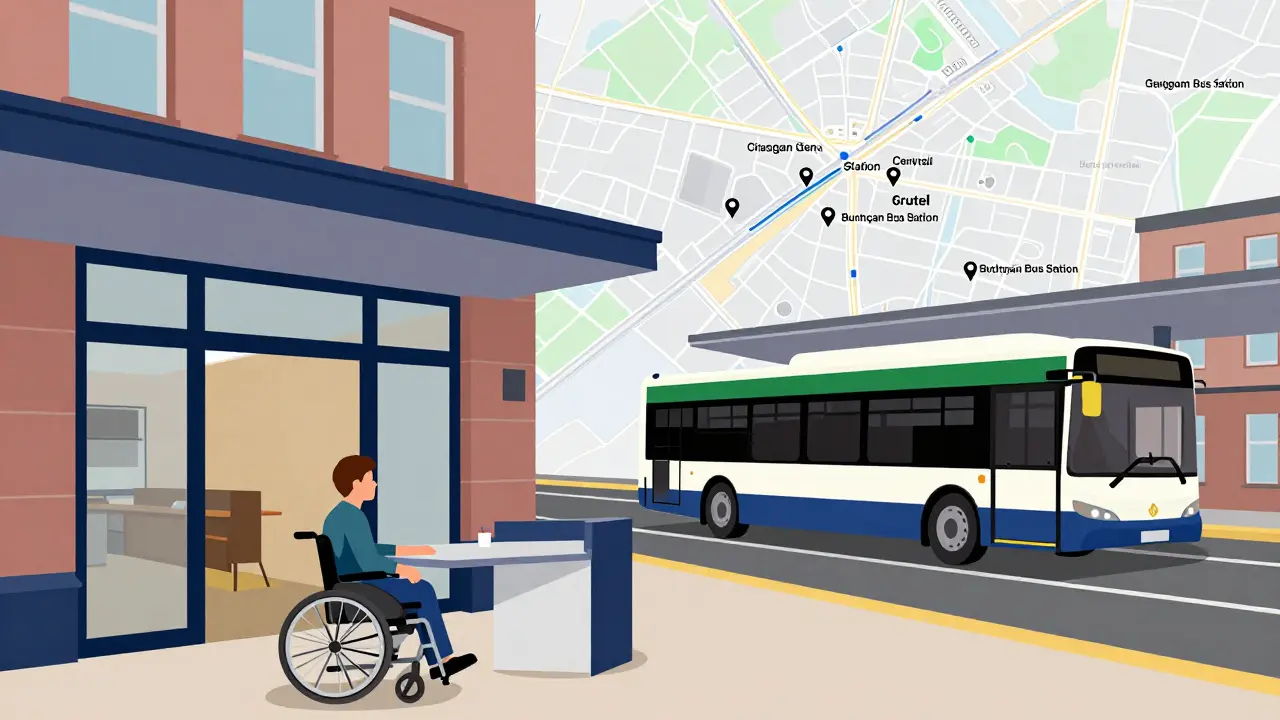 Accessible hotel entrance with wheelchair user and shuttle to train station