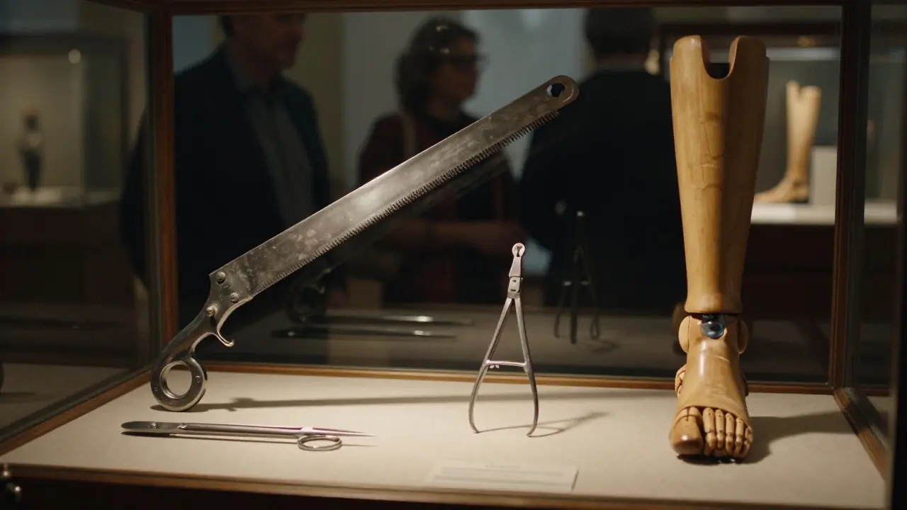 Antique surgical instruments displayed in a glass case with dramatic lighting