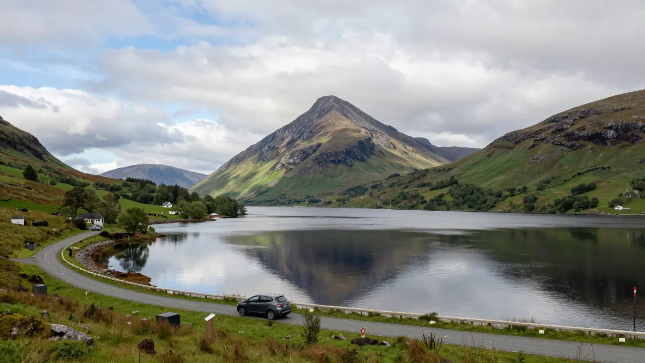 Ben Cruachan mountain reflected in Loch Etive with a parked car