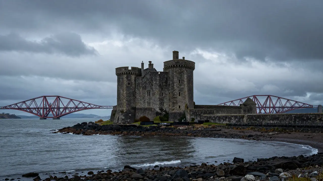 Blackness Castle on the Firth of Forth with bridges in distance
