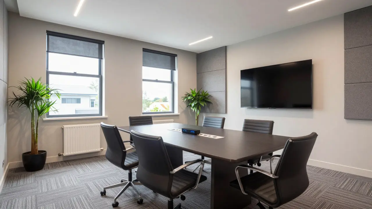 Bright, soundproofed meeting room with AV equipment and natural light