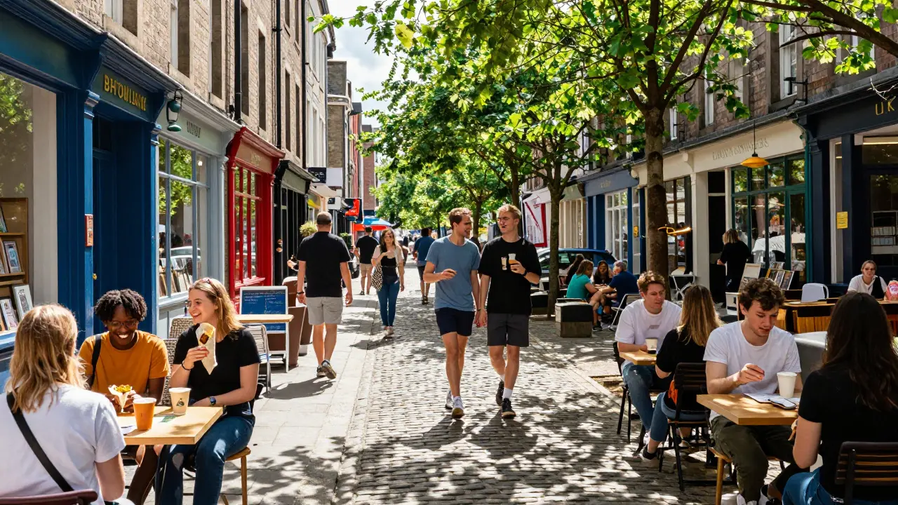 Bustling Ashton Lane in Glasgow's West End with people eating street food under trees