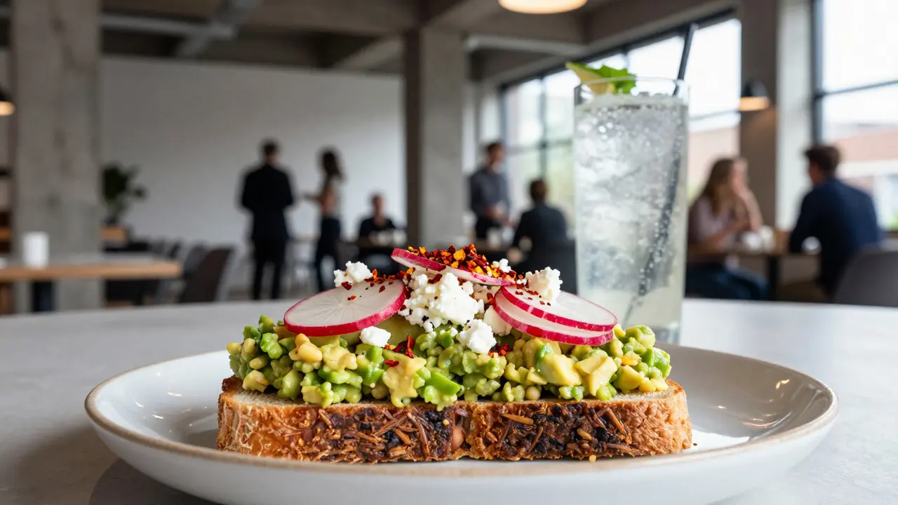 Close-up of avocado toast and a cocktail in a trendy Merchant City restaurant setting.