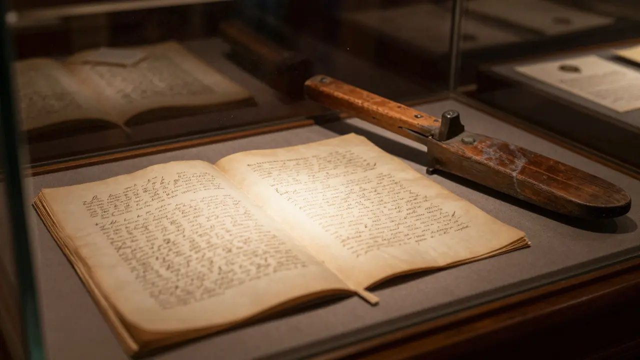 Close-up of Robert Burns manuscripts and farming tools in a museum display