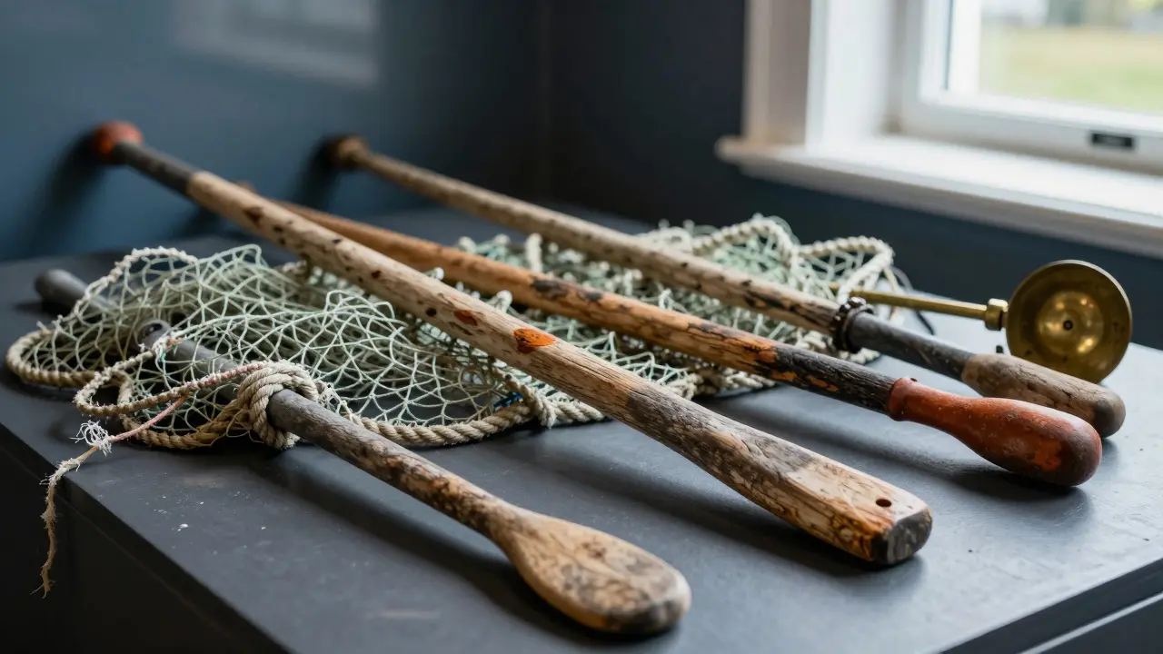Close-up of weathered fishing nets, wooden oars, and maritime artifacts