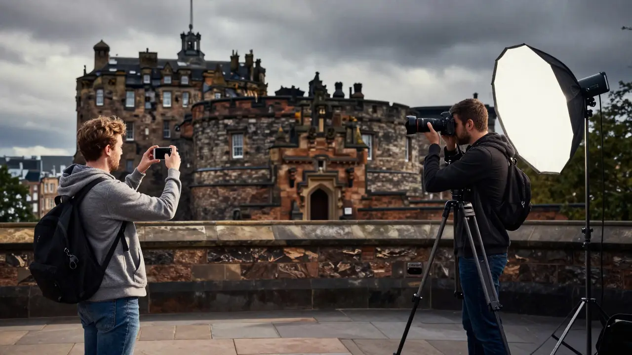 Comparison of casual tourist photo vs professional setup at Edinburgh Castle
