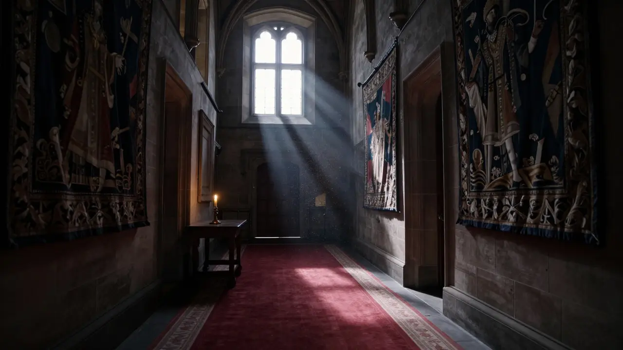 Dimly lit stone corridor inside Holyrood Palace with dramatic shadows