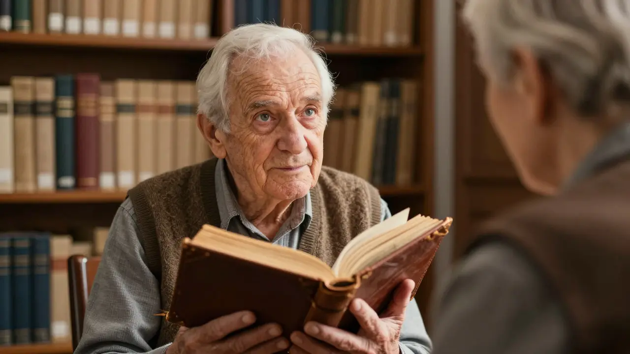 Elderly volunteer sharing stories from an old book in a museum archive