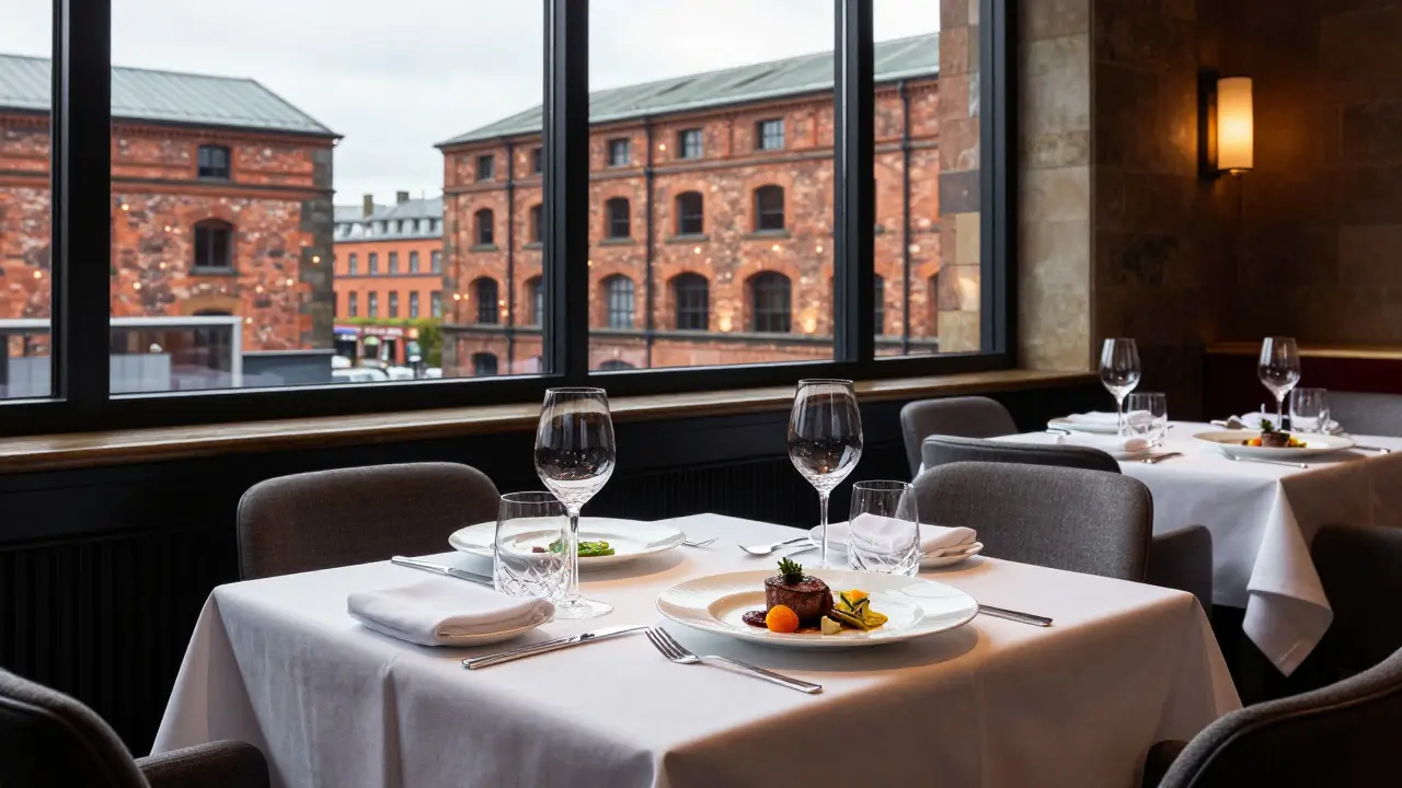 Elegant fine dining table in Merchant City with historic red brick warehouses outside