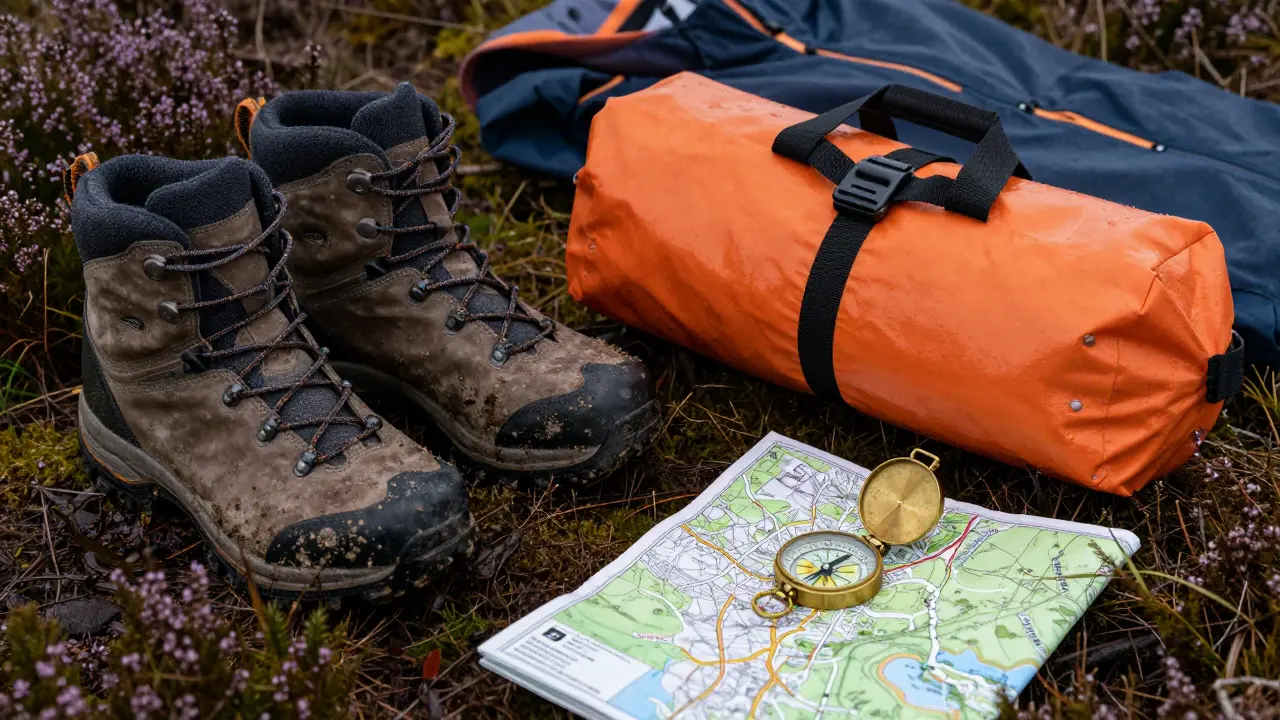 Essential hiking gear including boots, map, and compass on peat