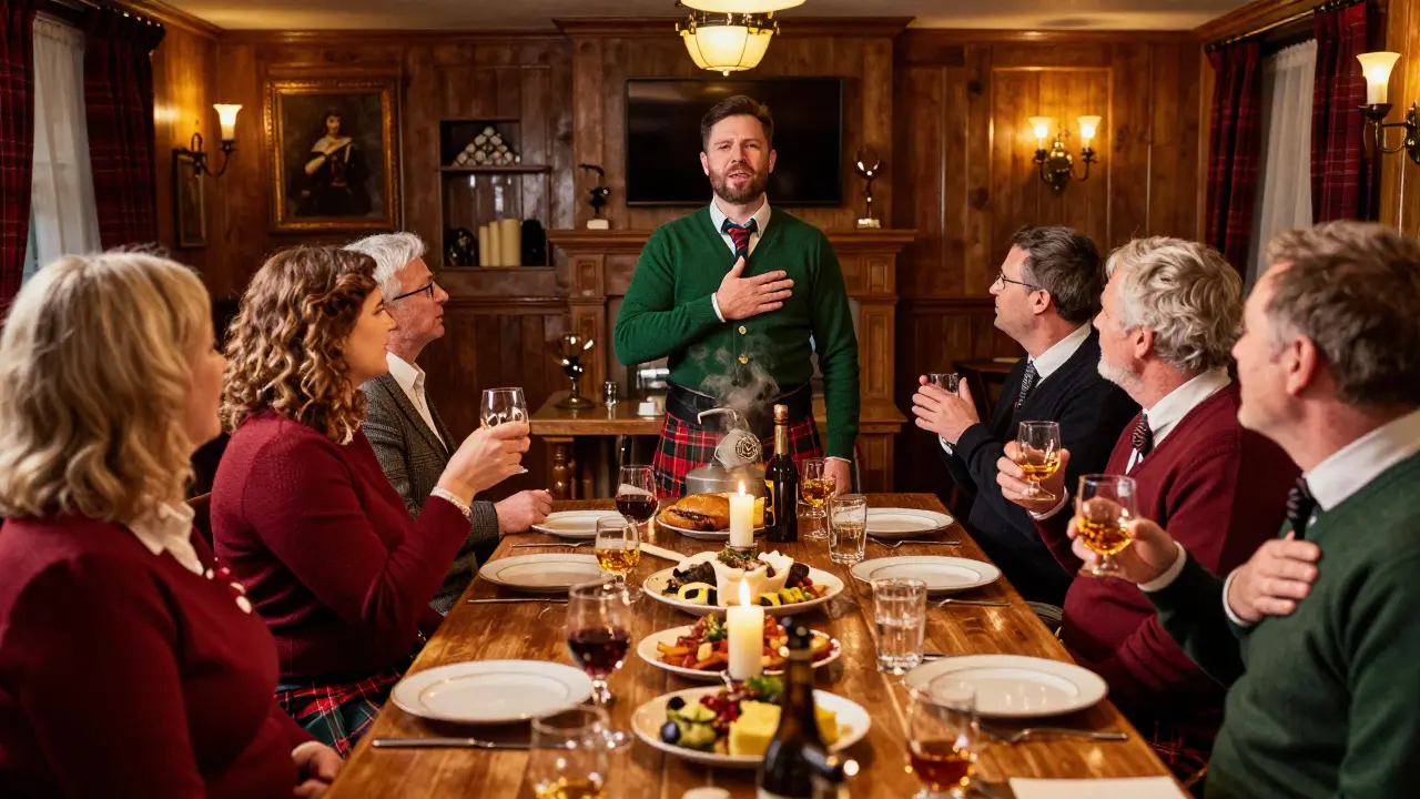 Guests celebrating Burns Night dinner with poetry and whisky