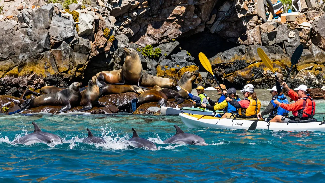 Guided kayak tour observing sea lions and dolphins