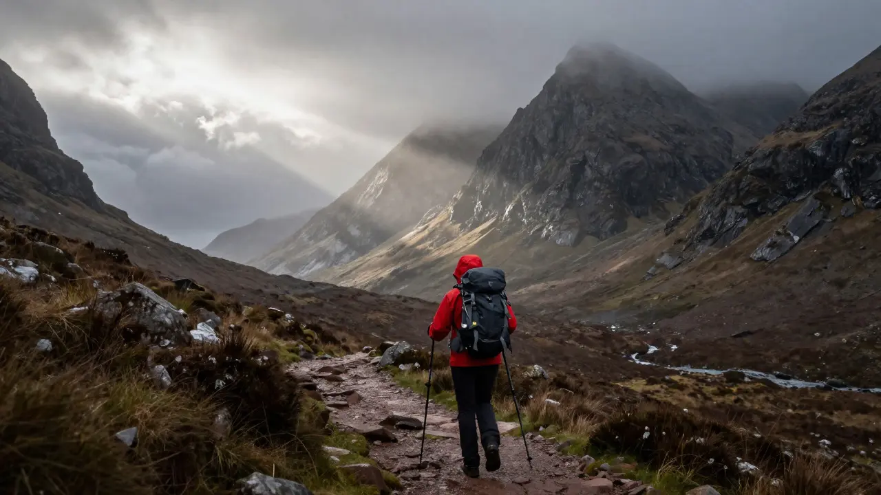 Hiker with gear walking on a misty trail in the Scottish Highlands