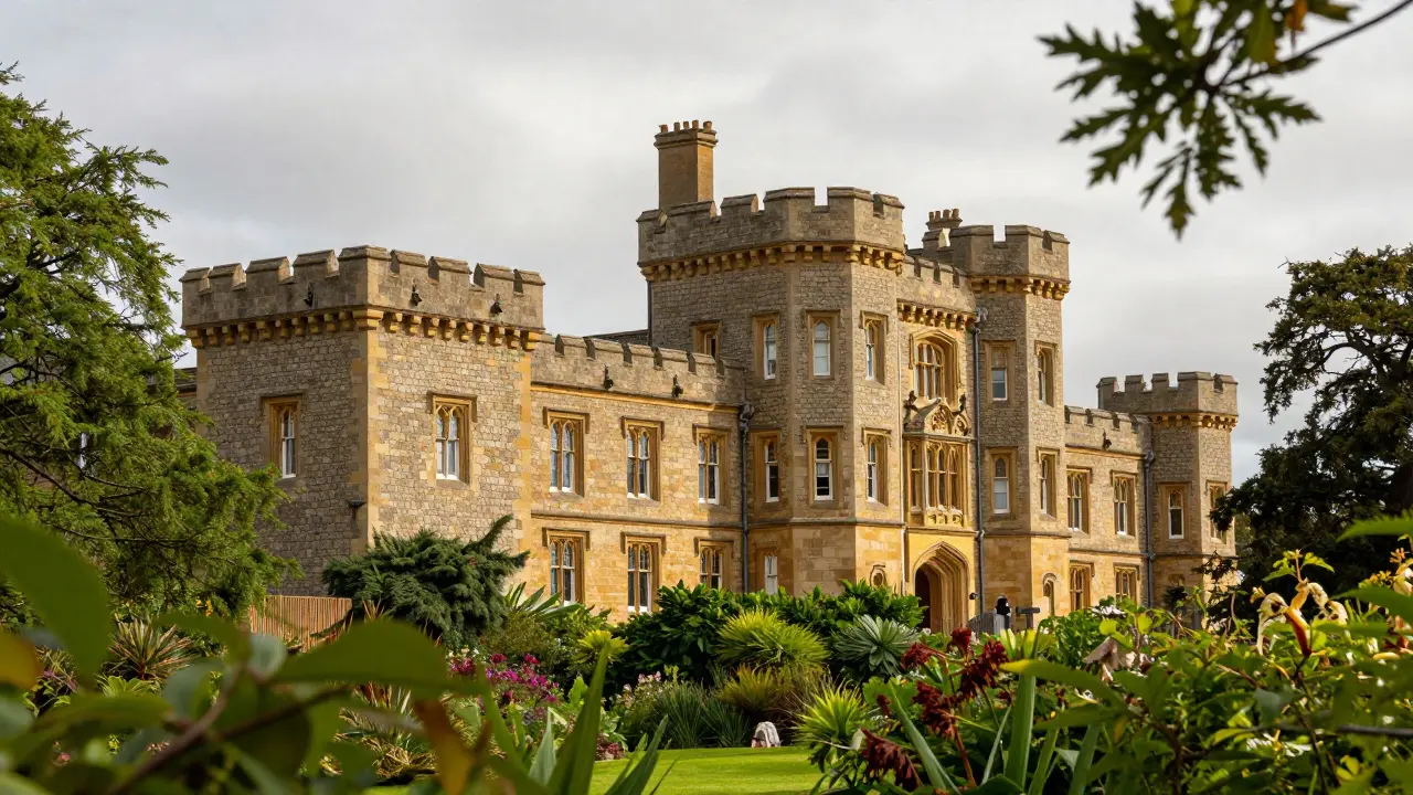 Historic sandstone Lauriston Castle turrets rising above lush green arboretum trees