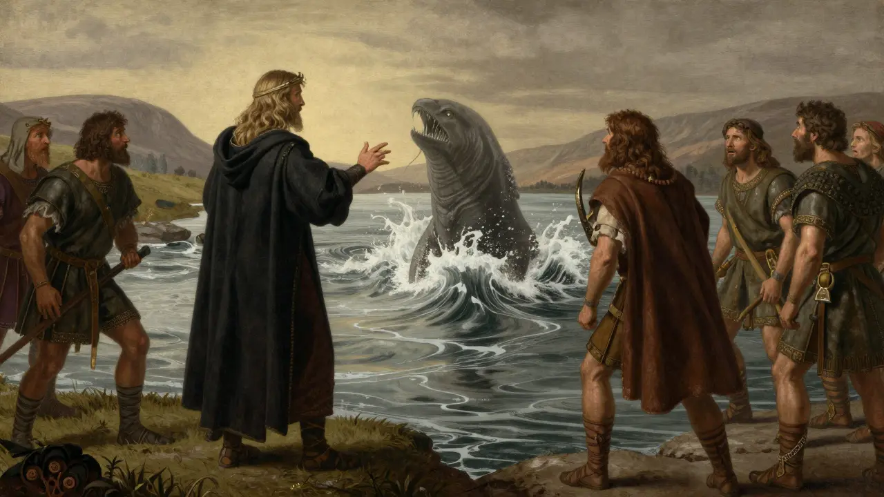 Historical illustration of Saint Columba confronting a water beast near the River Ness