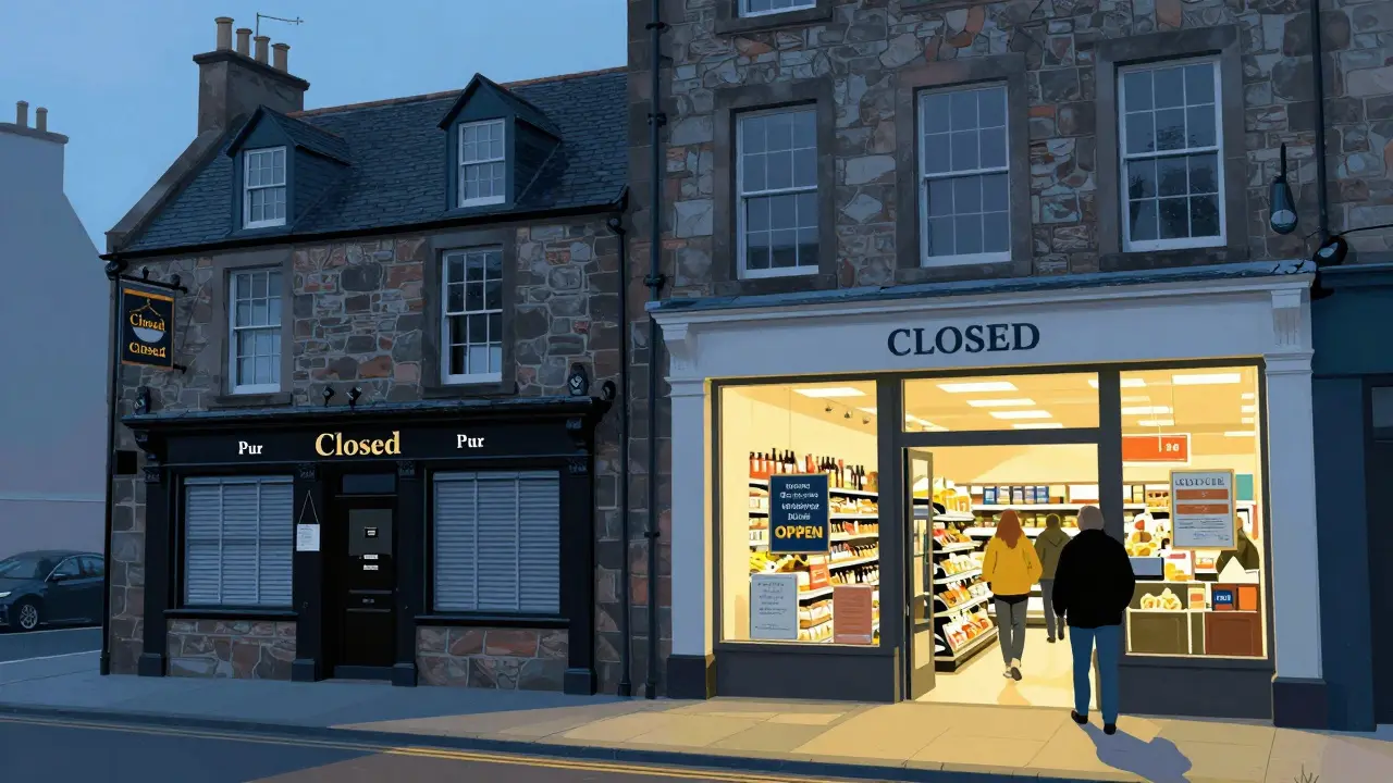 Illustration showing closed pub and open supermarket on Scottish holiday
