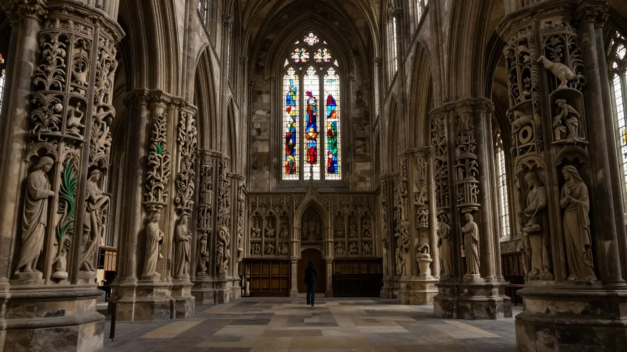 Intricate stone carvings inside the atmospheric Rosslyn Chapel