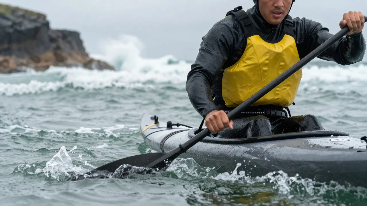 Kayaker bracing against choppy waves in rough seas
