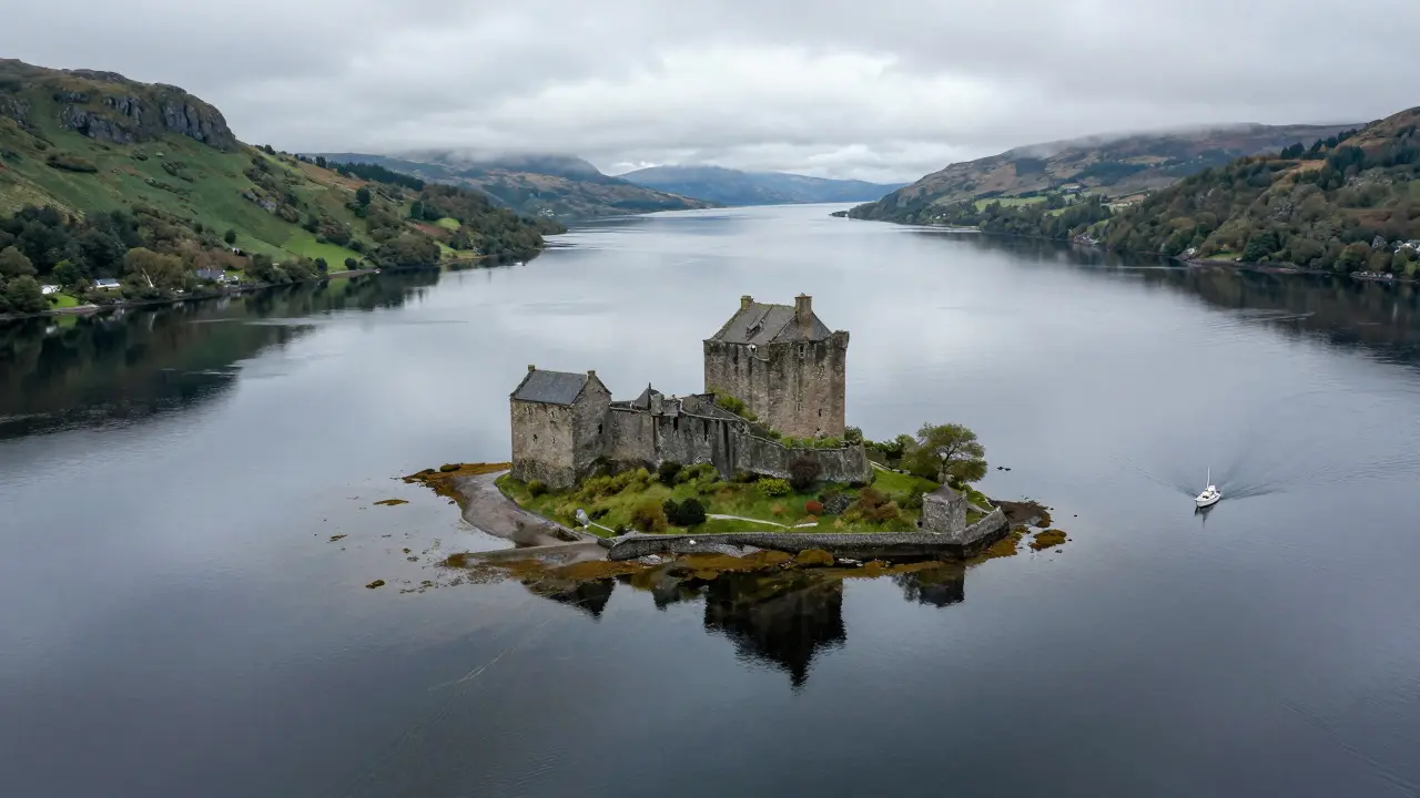 Loch Leven Castle on an isolated island surrounded by calm lake water