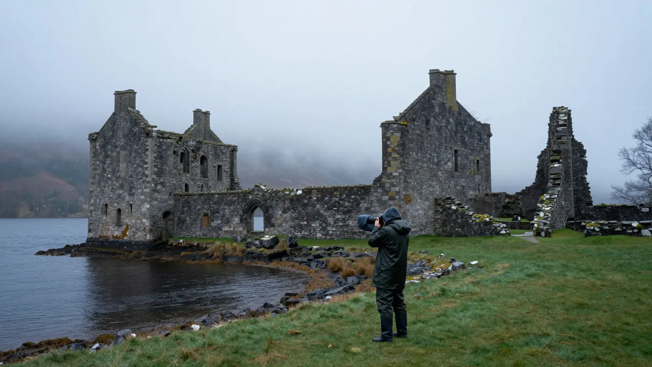 Lone photographer shooting Urquhart Castle ruins through thick winter fog