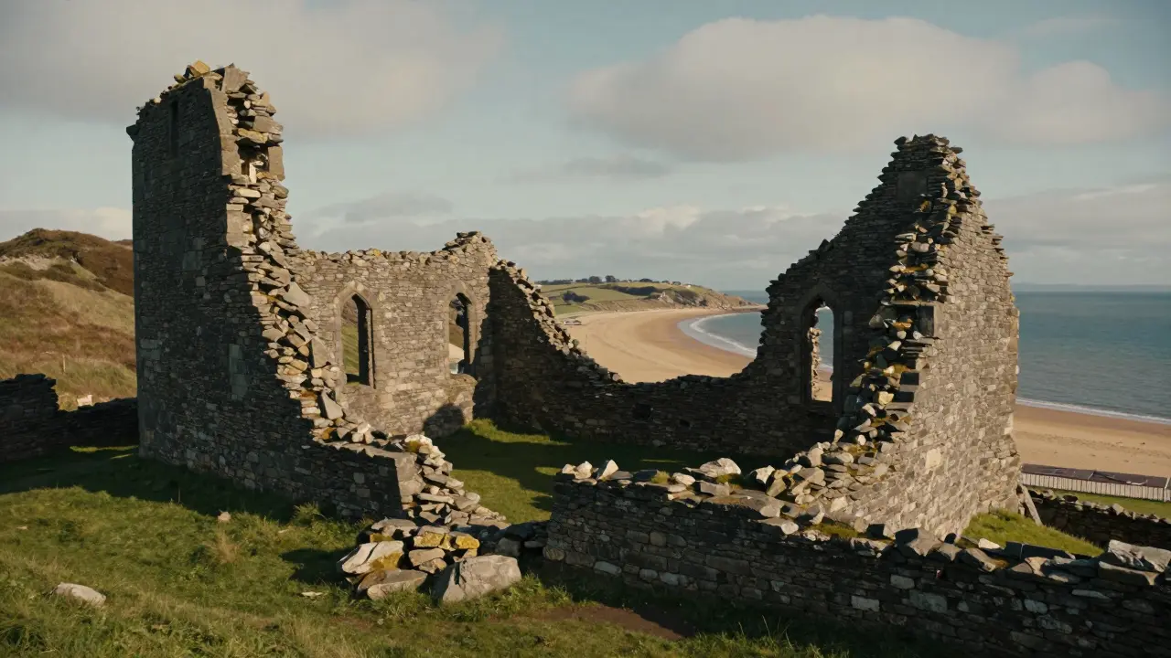 Lunan Castle ruins overlooking the bay and coast