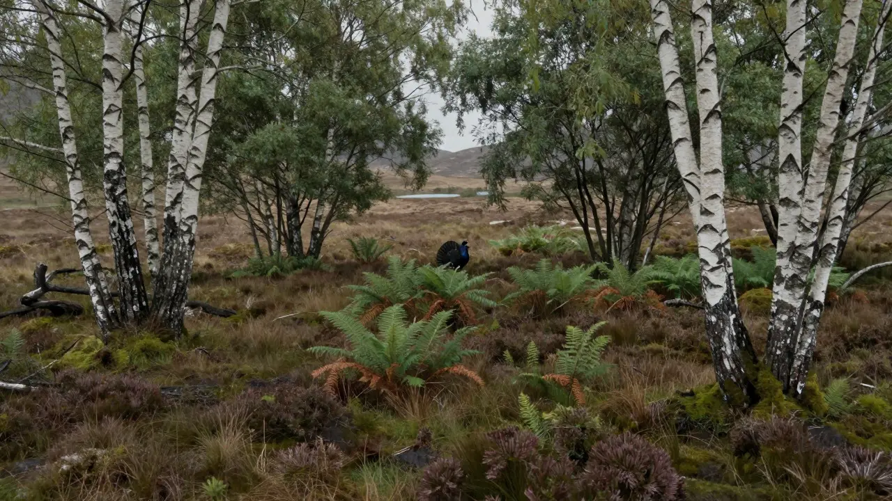 Misty blanket bog landscape with birch trees in The Flow Country