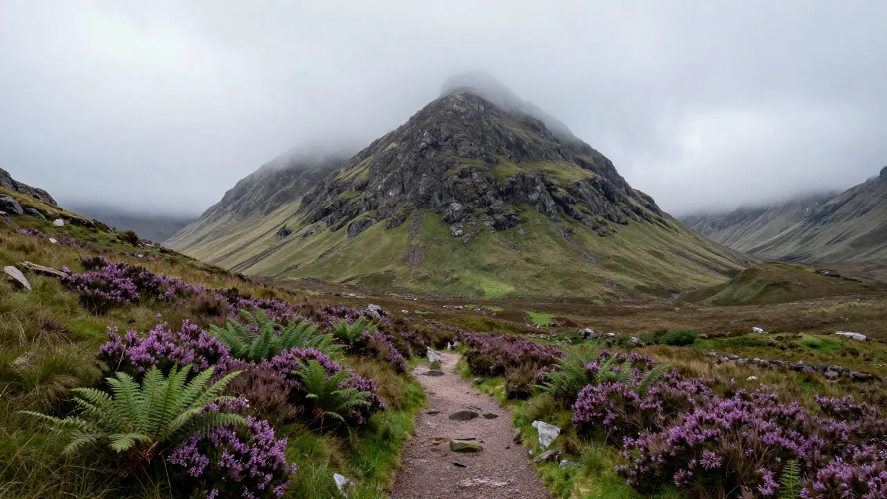 Misty view of Bidean nam Bian mountain in Glencoe, Scotland