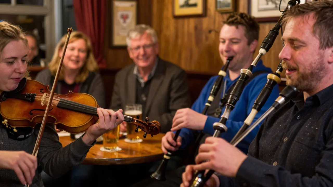 Musicians playing fiddle and pipes in a cozy Scottish pub