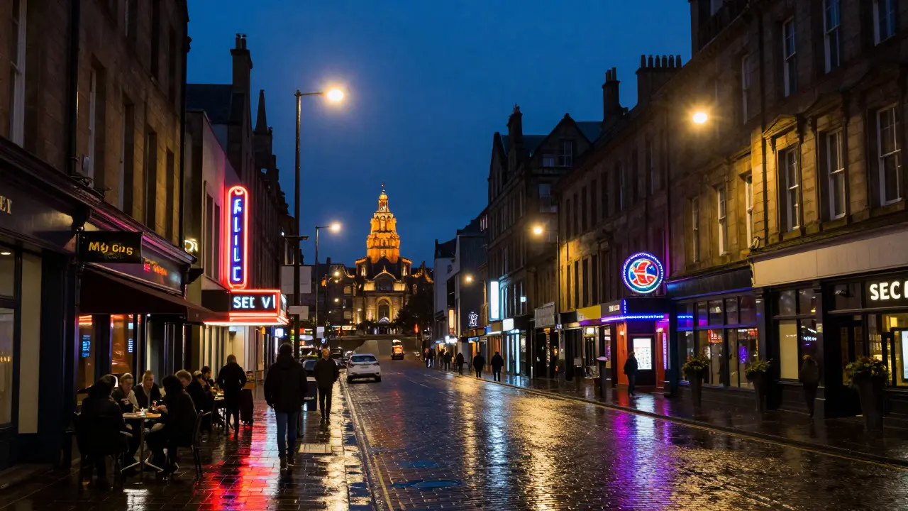 Neon-lit Sauchiehall Street at night with glowing theatre signs