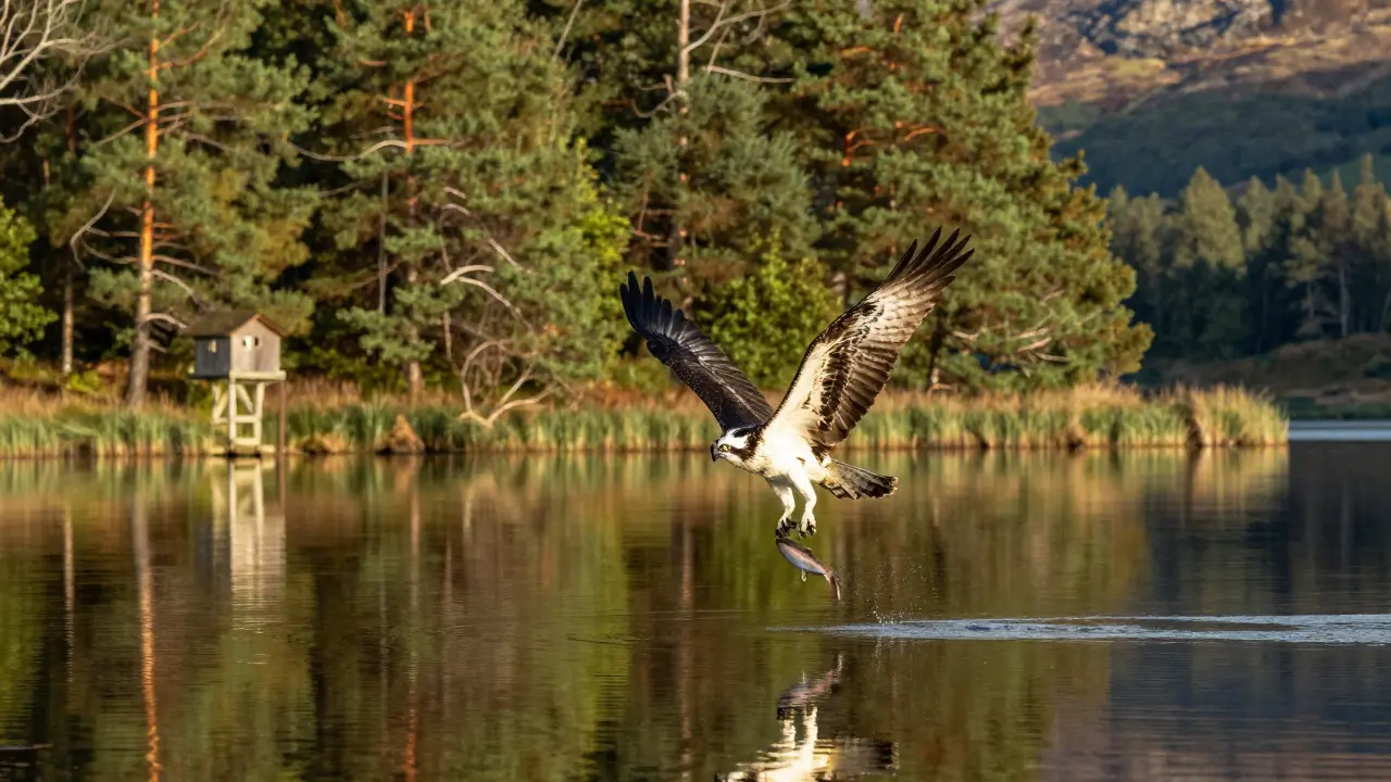 Osprey diving into Loch Garten with forest background