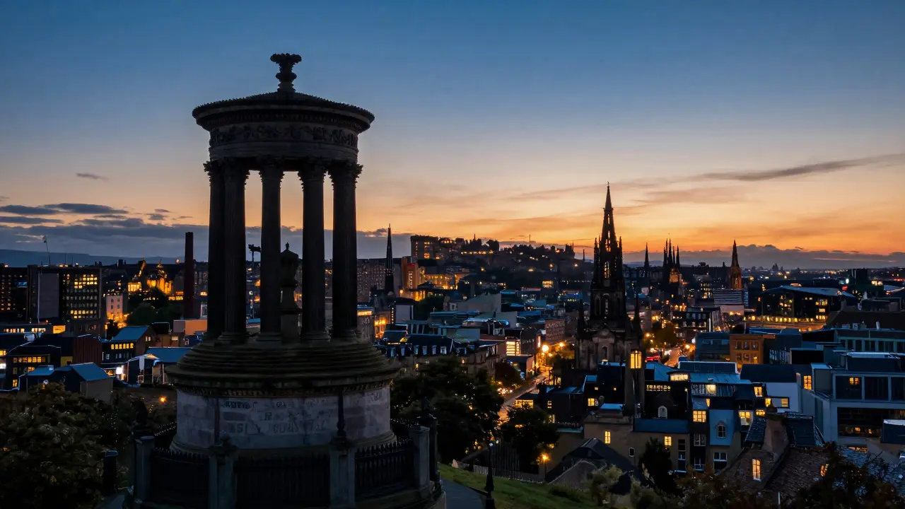 Panoramic view of Edinburgh from Calton Hill at dusk