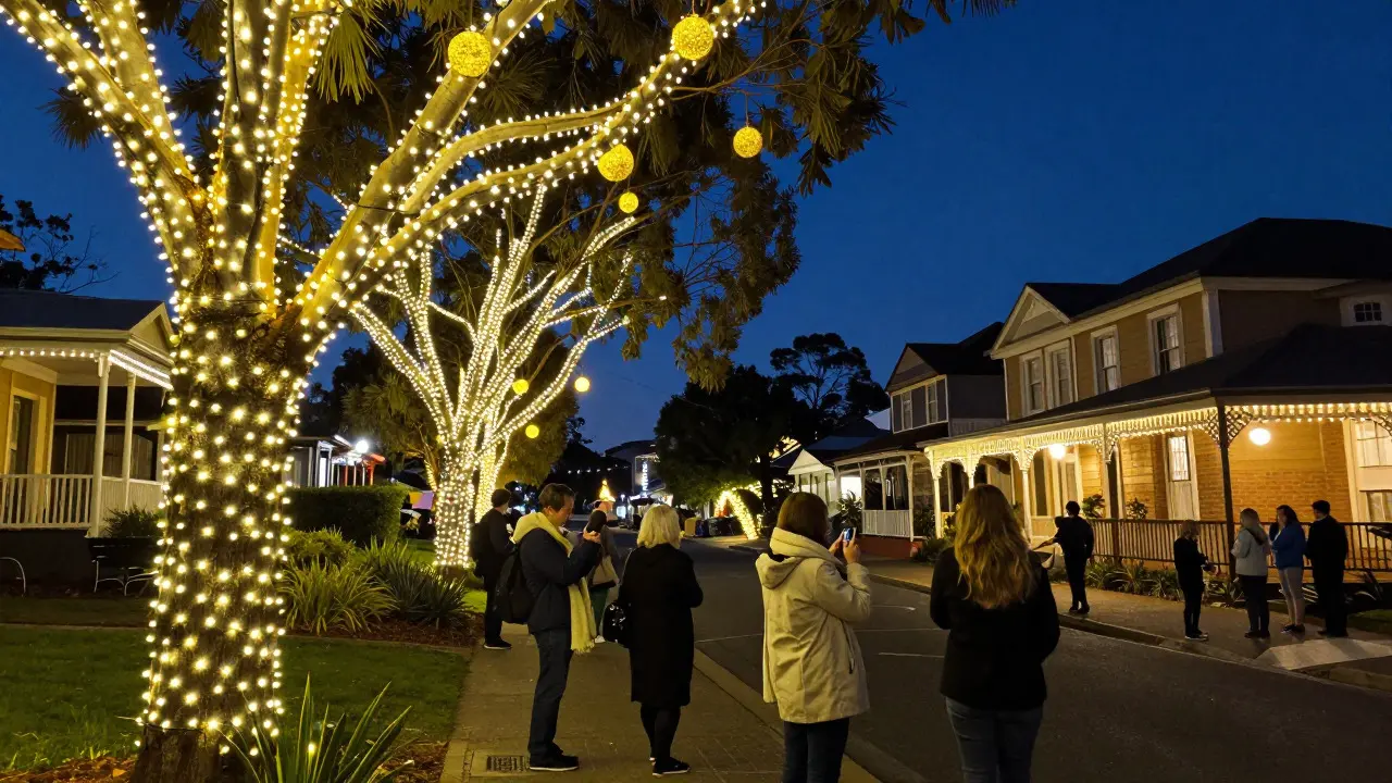Perth suburb street decorated with festive lights and people enjoying the evening atmosphere