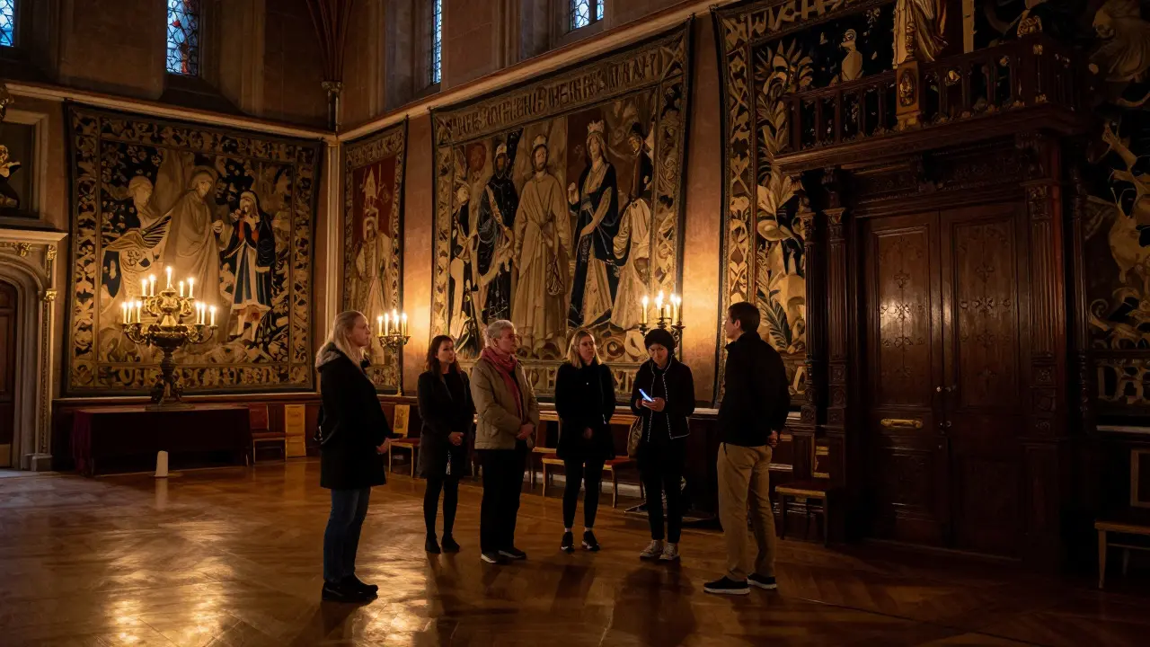 Quiet interior of Palace of Holyroodhouse with visitors using audio guides