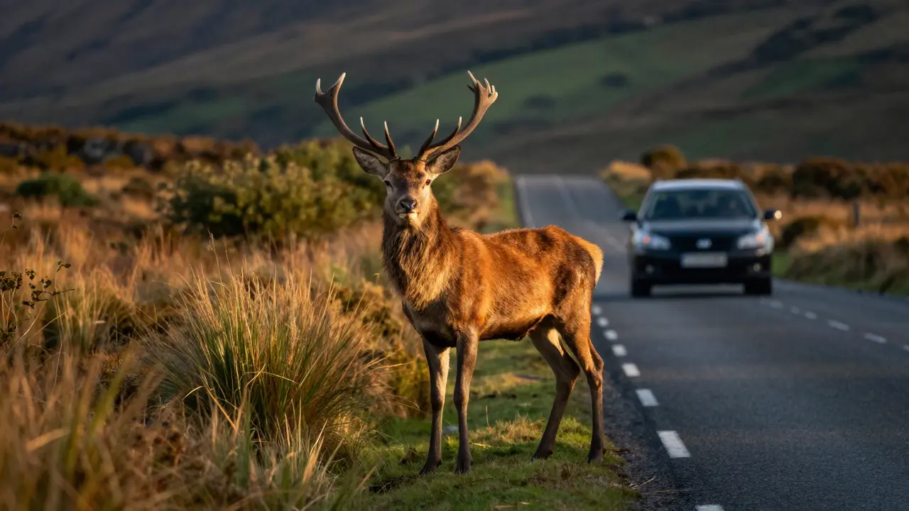 Red deer standing on the edge of the road in Glen Etive at sunset