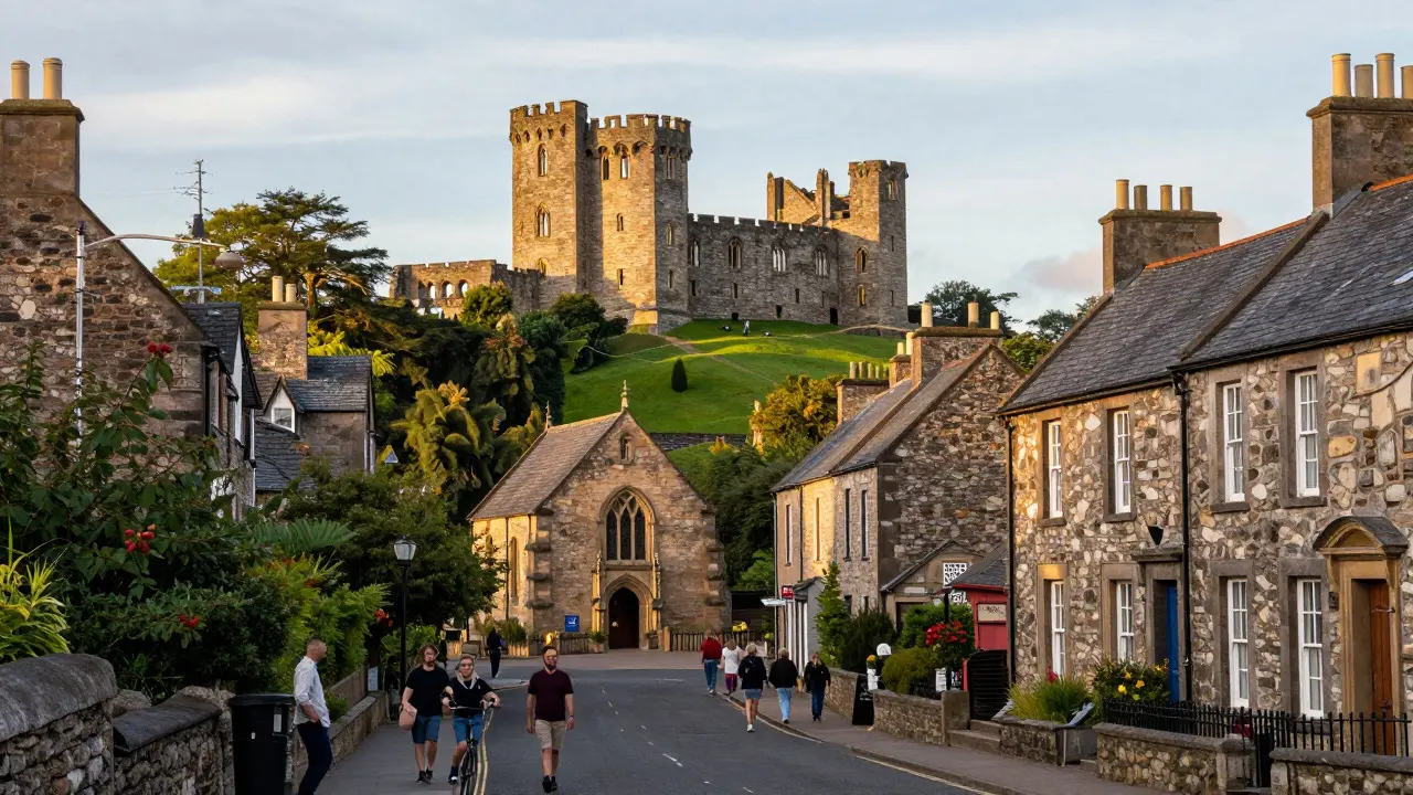 Roslin Village exterior with castle ruins in background and tourists walking near the chapel.