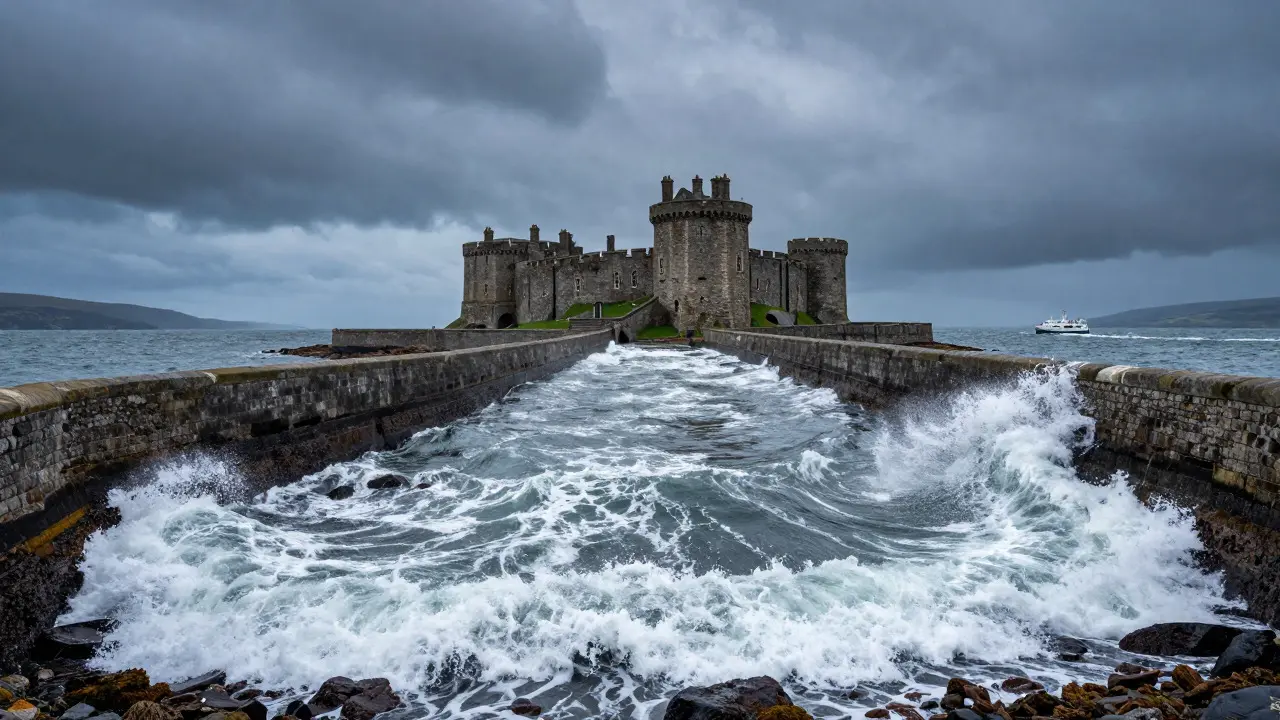 Rothesay Castle isolated by high tide waves in the Firth of Clyde