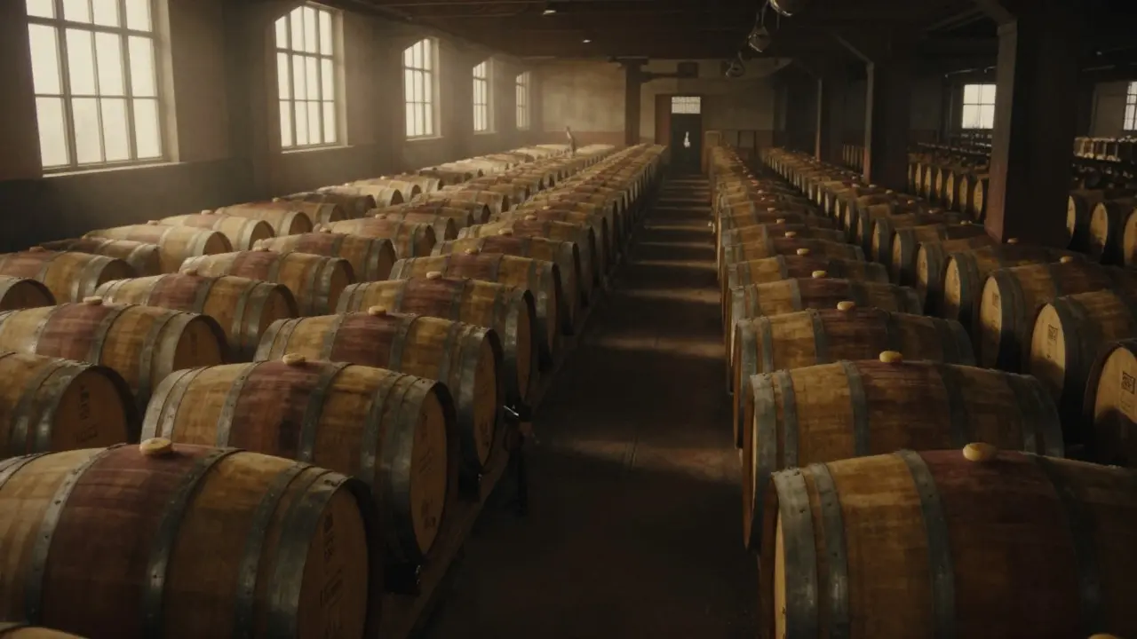 Rows of whisky casks in the Glenfiddich maturation hall