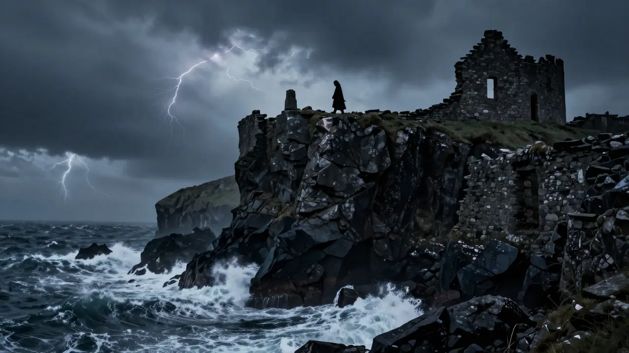 Ruins of Dunnottar Castle on a cliff edge with a hooded silhouette and stormy sea