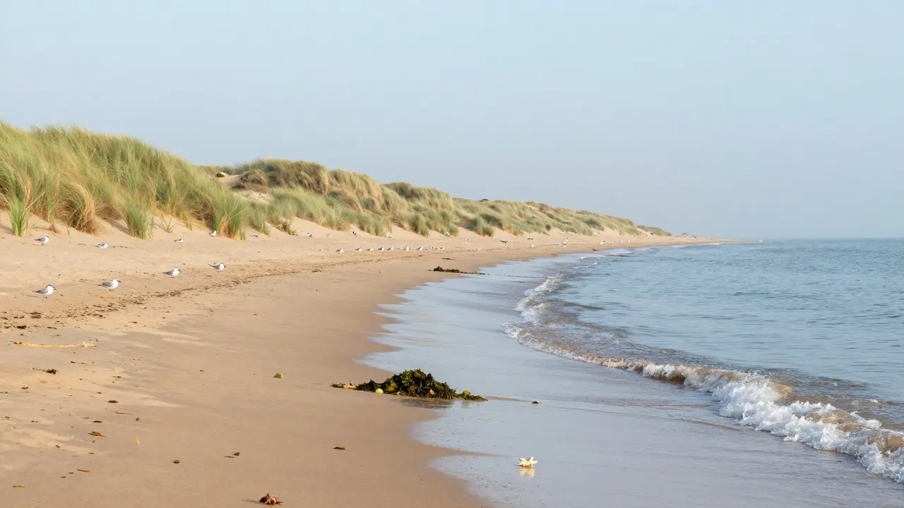 Seabirds and dunes at Lunan Bay during low tide