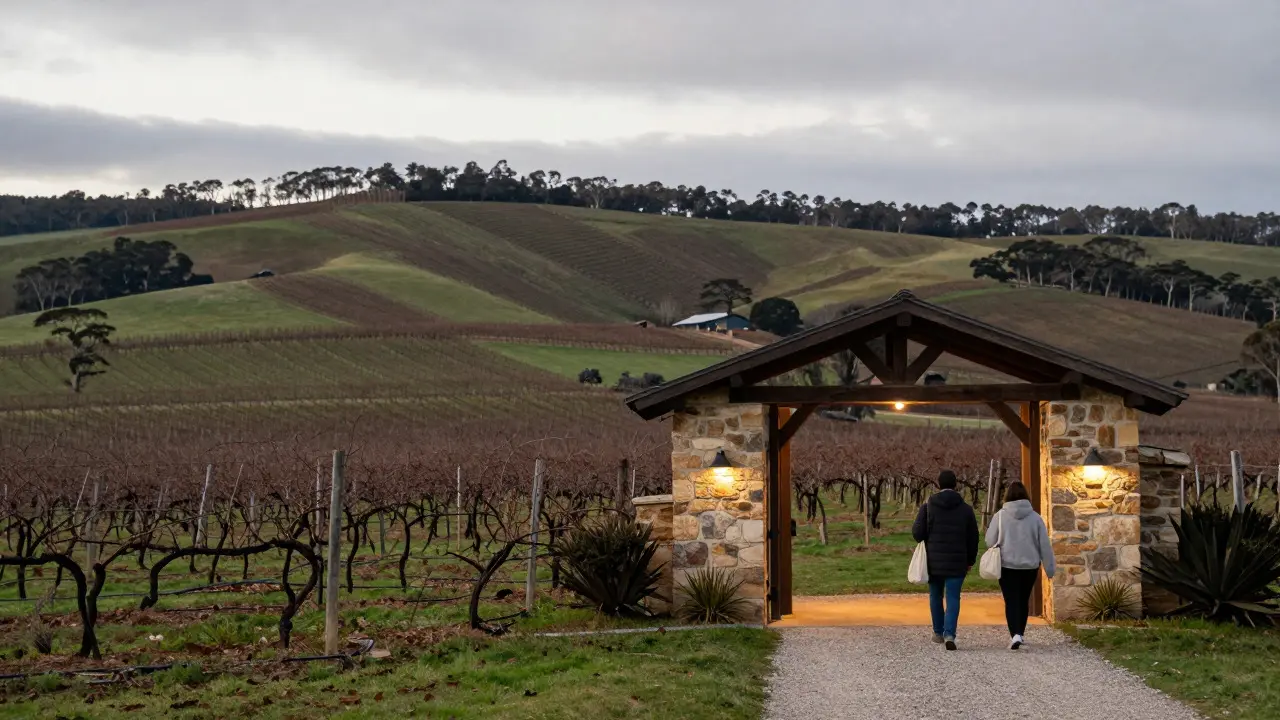 Serene Swan Valley vineyard and rustic cellar door on a cloudy winter day