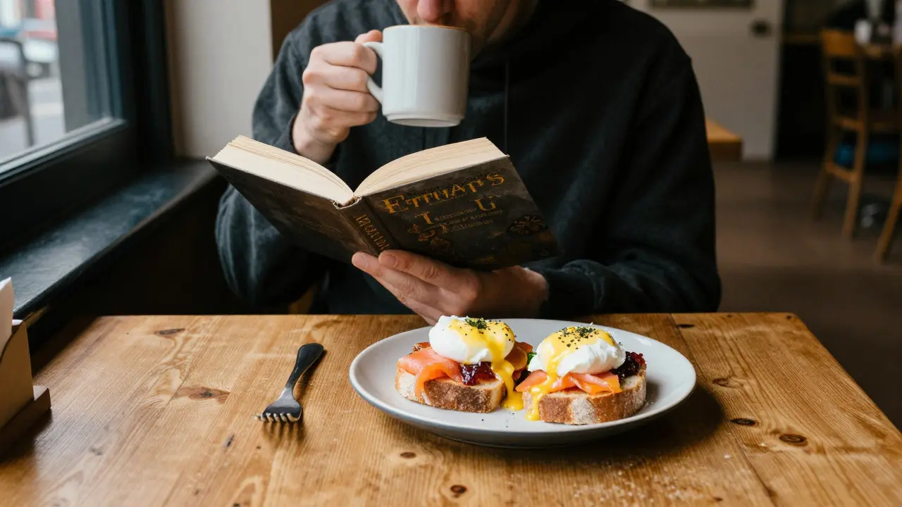 Solo diner enjoying coffee and eggs on sourdough at a quiet Southside cafe table.